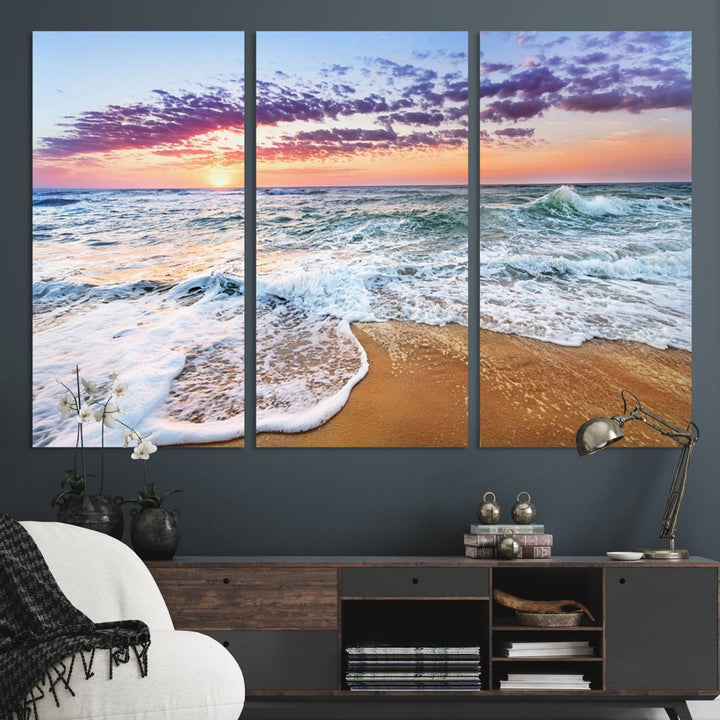 The Tropical Beach Waves Art Print, depicting an ocean sunset and sandy shore, enriches the coastal decor of the dining area.