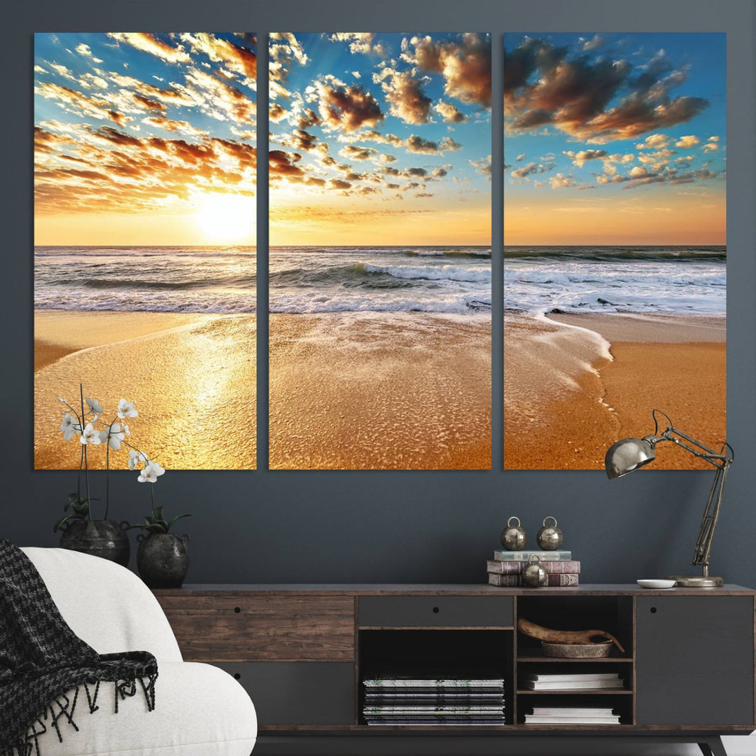 A gallery-wrapped canvas titled Soothing Sunset on Calm Beach is featured.