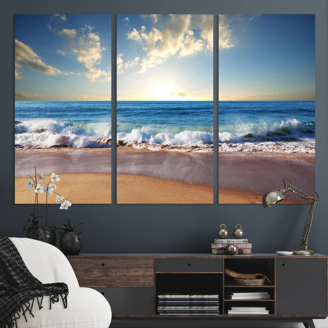 The dining room features a Coastal Tropical Beach Sunset canvas wall art.