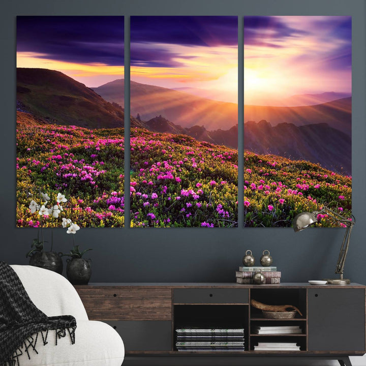 Gallery-wrapped wall art of a stunning mountain sunset and purple flowers.