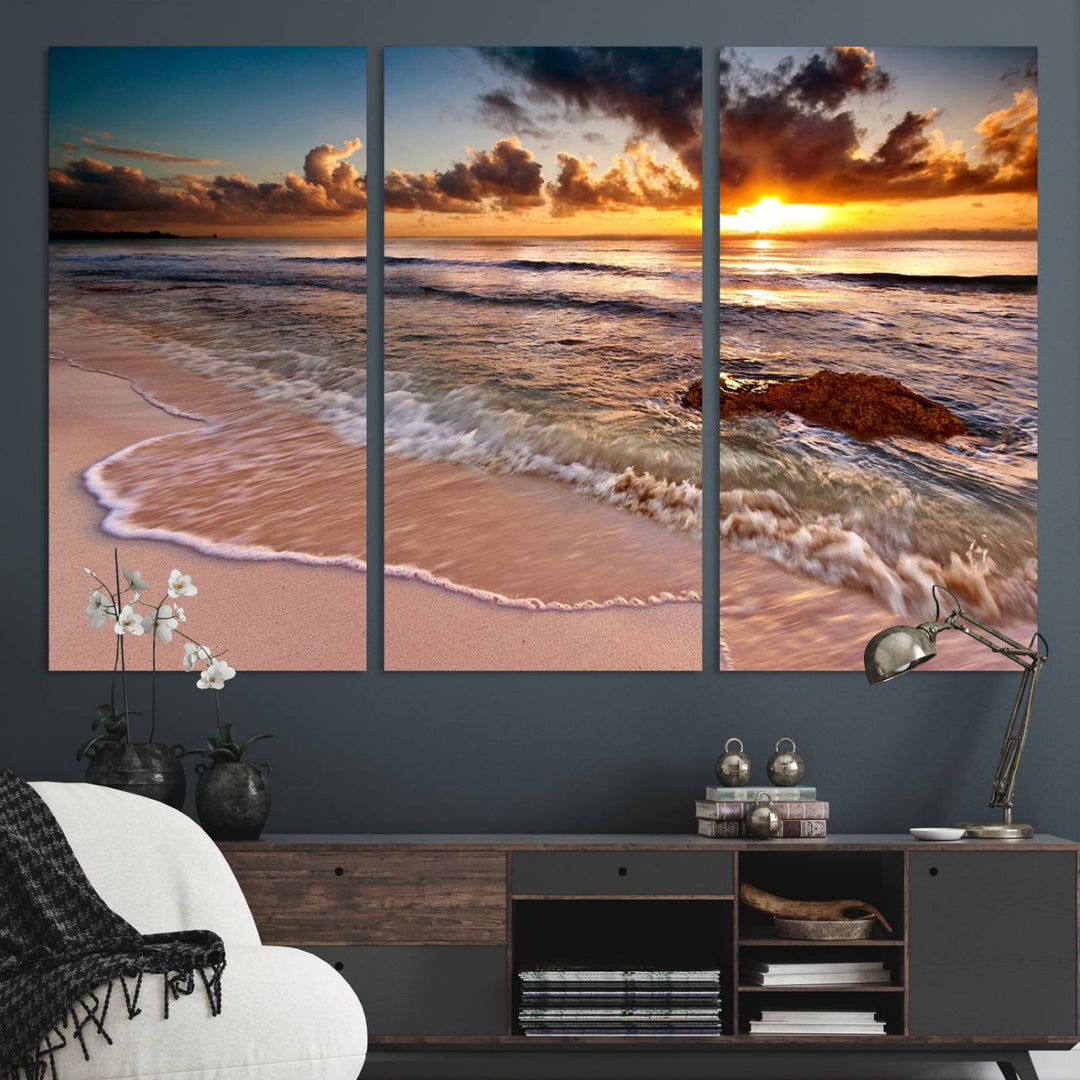 The Sunset on Ocean Wall Art Canvas Print beautifully captures a beach sunset, gentle waves, and a peaceful atmosphere.