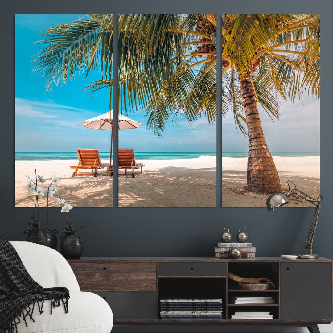 The 3-panel Tropical Beach Wall Art features palm trees and sun loungers, perfect for coastal decor.