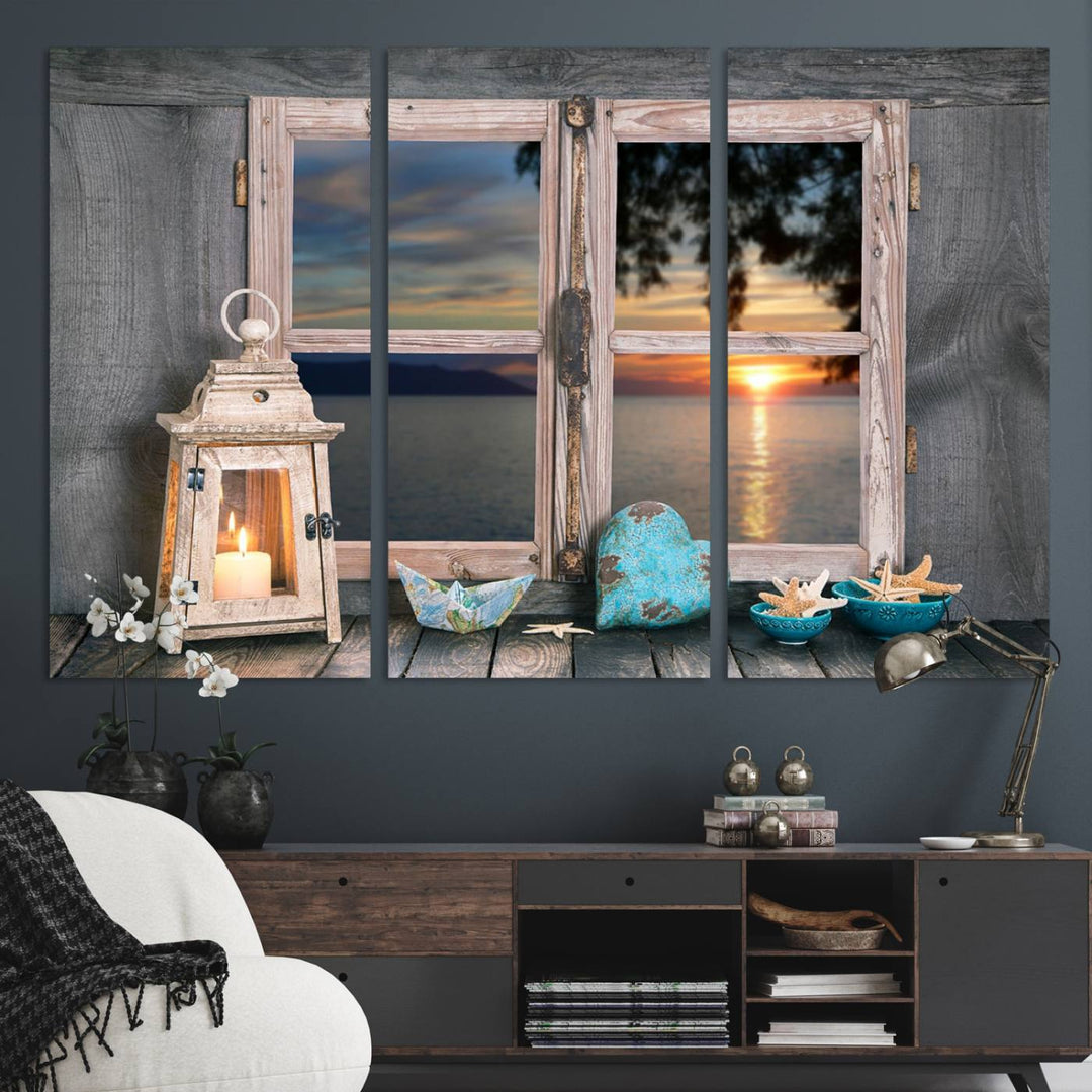 The Astonishing Sunset from the Window canvas print beautifully captures a sea view, accompanied by a lantern and starfish.