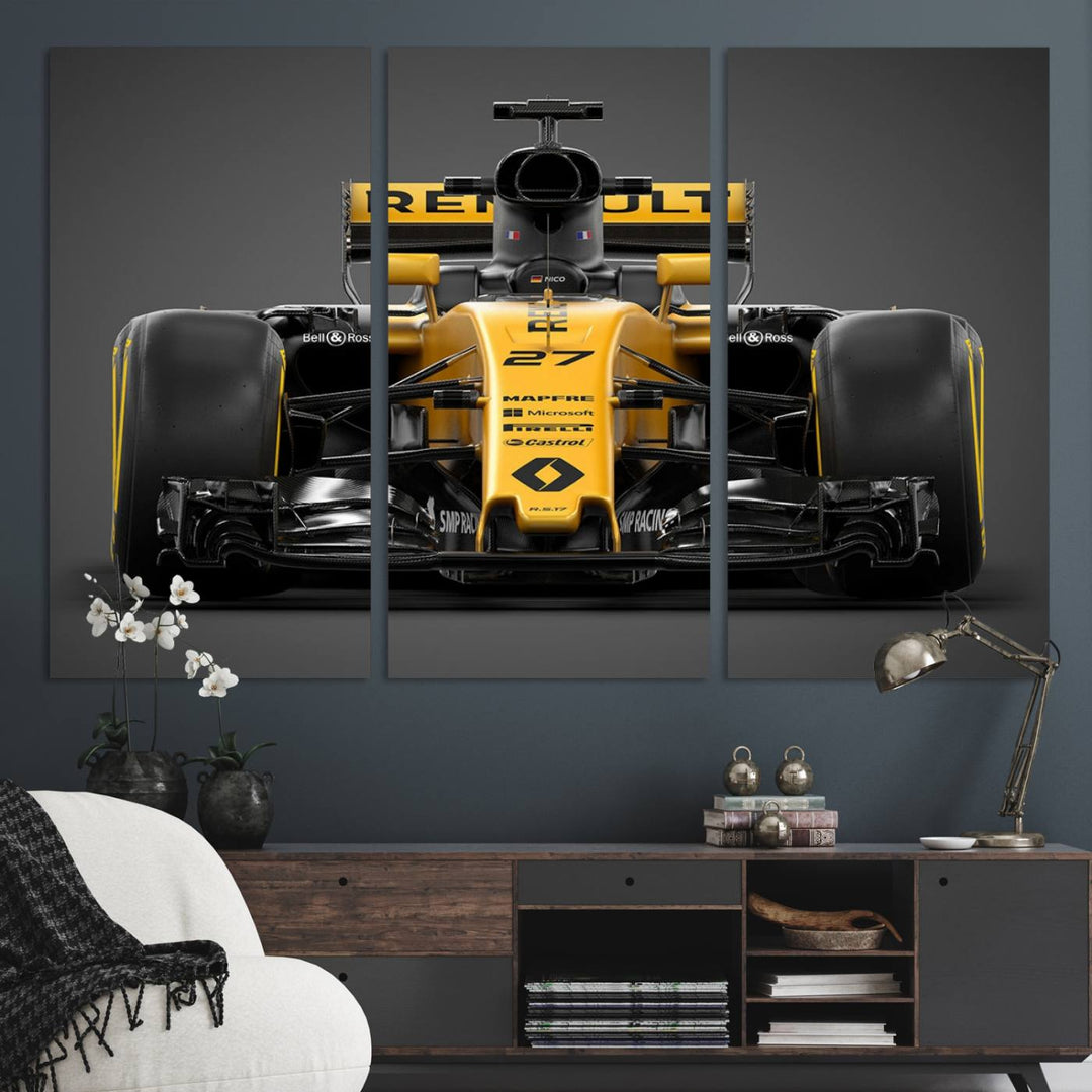 A yellow and black F1 Renault car canvas print with free shipping.