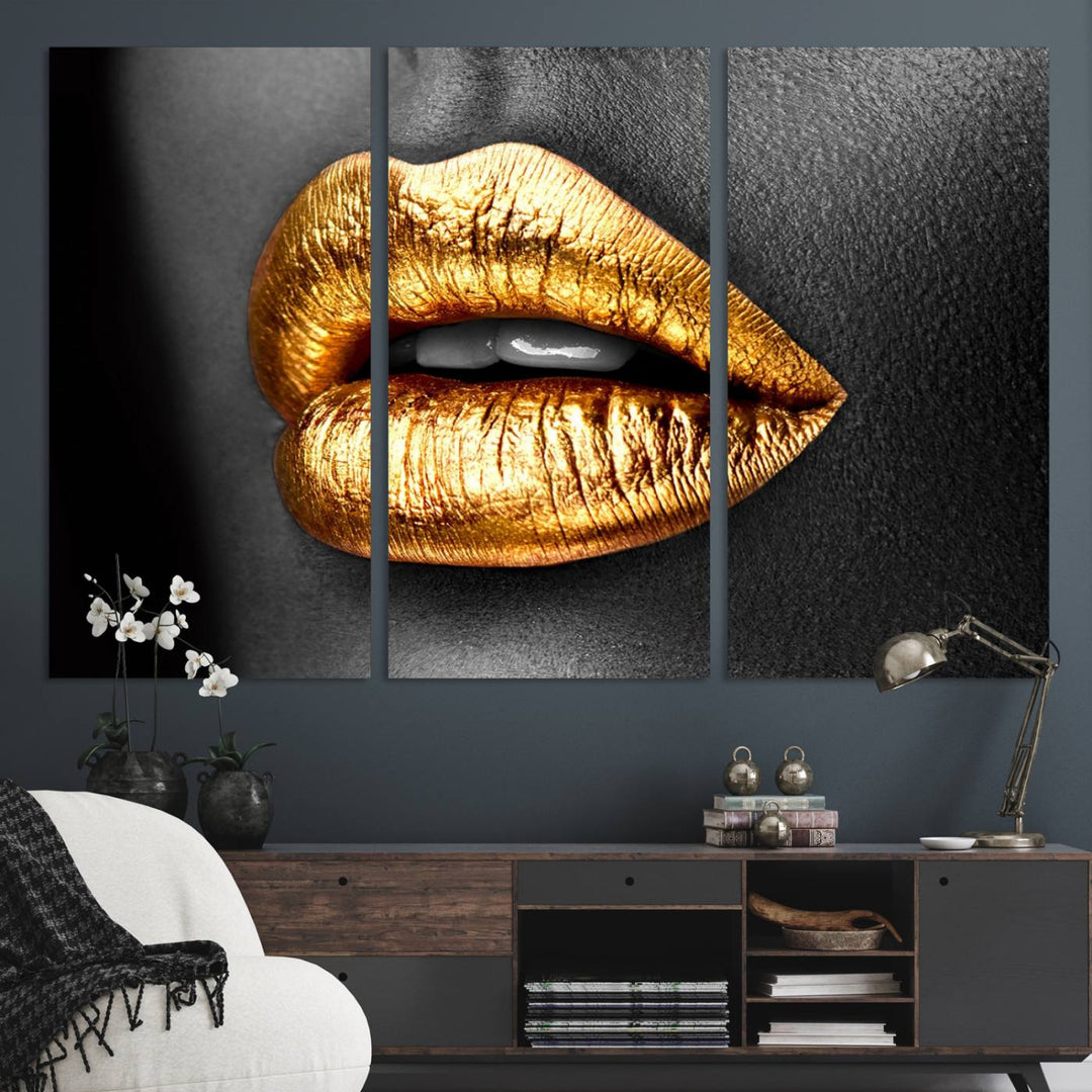 The Gold Lips Canvas Wall Art on a black background is showcased.