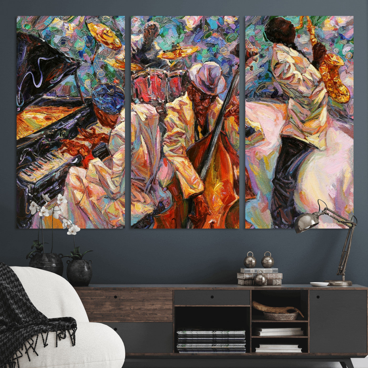 34929-MGV-CV-36X24 - African American Jazz Art Music Abstract Wall Art Painting Canvas Wall Art