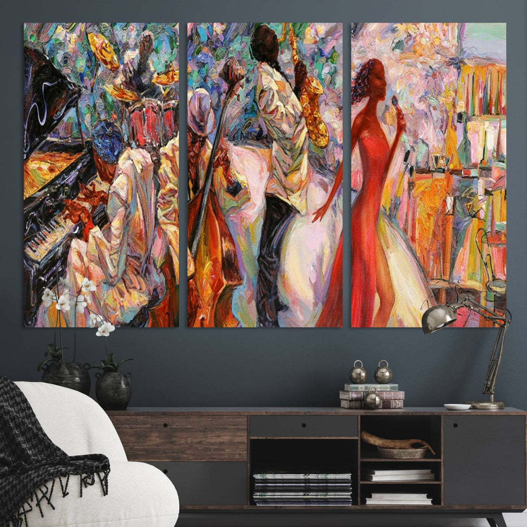 The Abstract Afro American Jazz Canvas captures a vibrant jazz band and showcases a woman dancing in red, making it perfect for dining or music spaces.