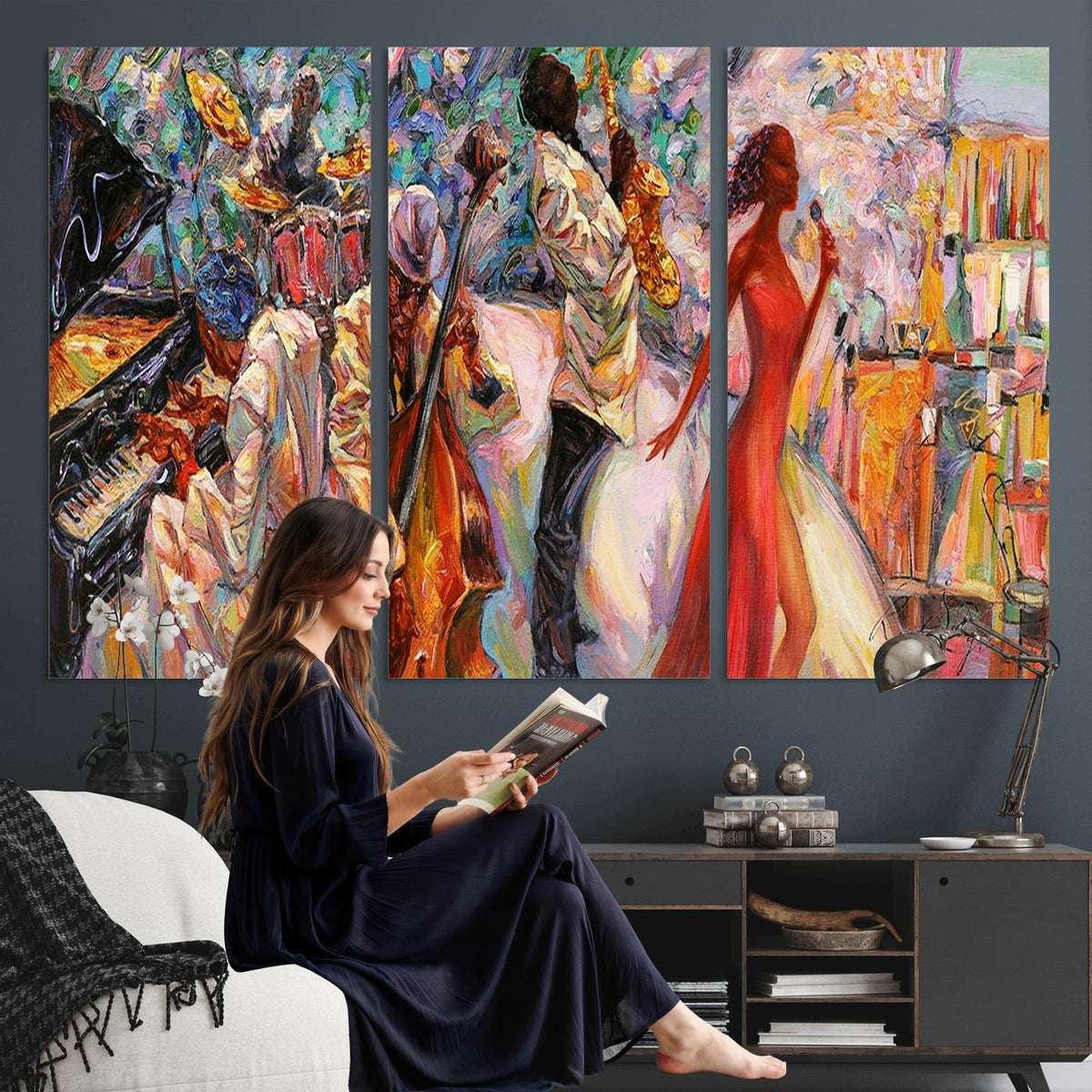 40574-_Poster-30x20 - Afro American Jazz Band Canvas Wall Art | 3 Panel Music Studio Decor