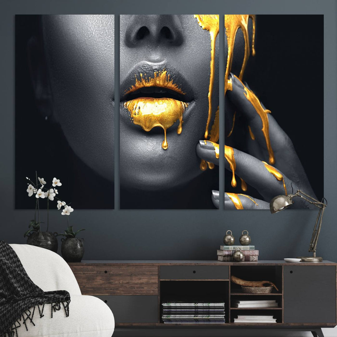 Above the dining area is the Gold Glitter Lips Fashion Makeup canvas wall art.