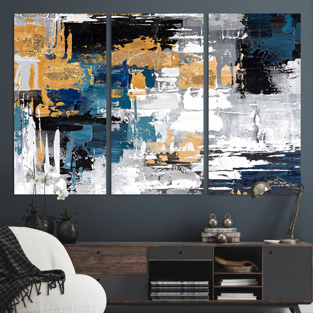 Blue and Gold Abstract Canvas Wall Art hangs prominently.