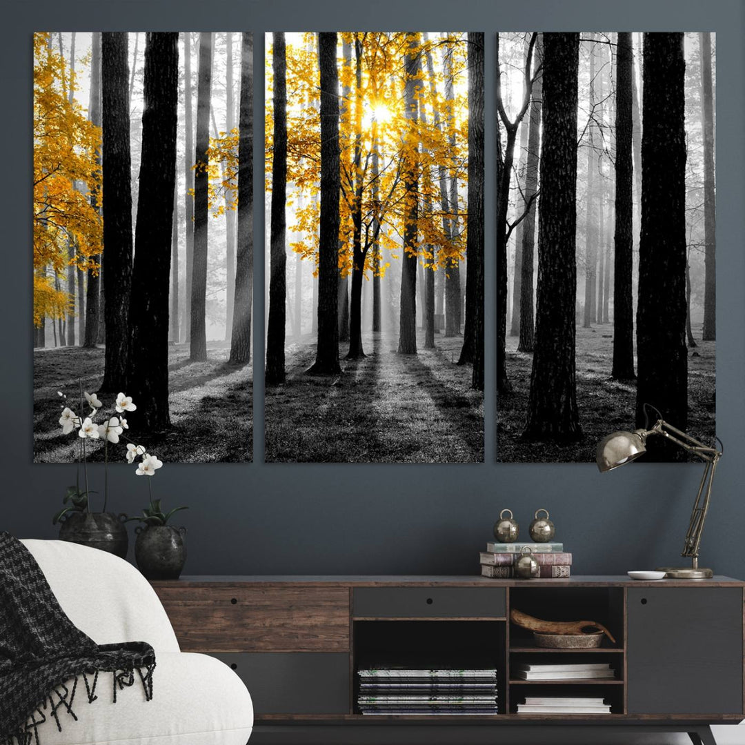 Nature Misty Foggy Autumn Forest Wall Art Print displayed above a modern dining room.