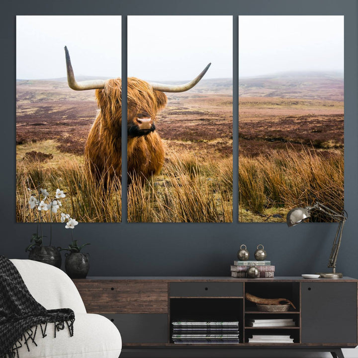 A ready-to-hang Scottish Highland Cow Cattle Canvas Wall Art.