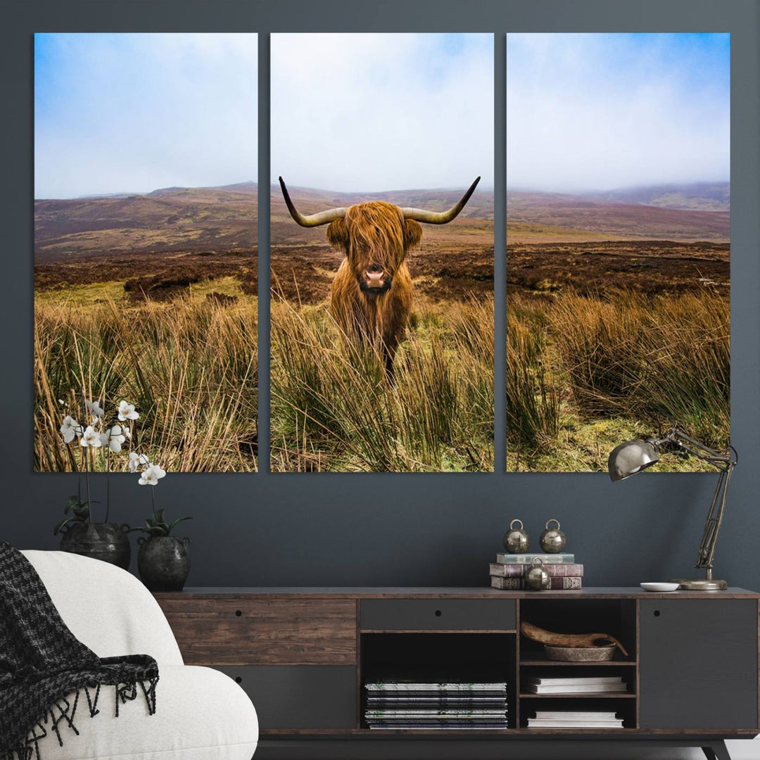 A Scottish Highland Cow art print canvas with UV-protection adorns the wall, preserving vivid details.