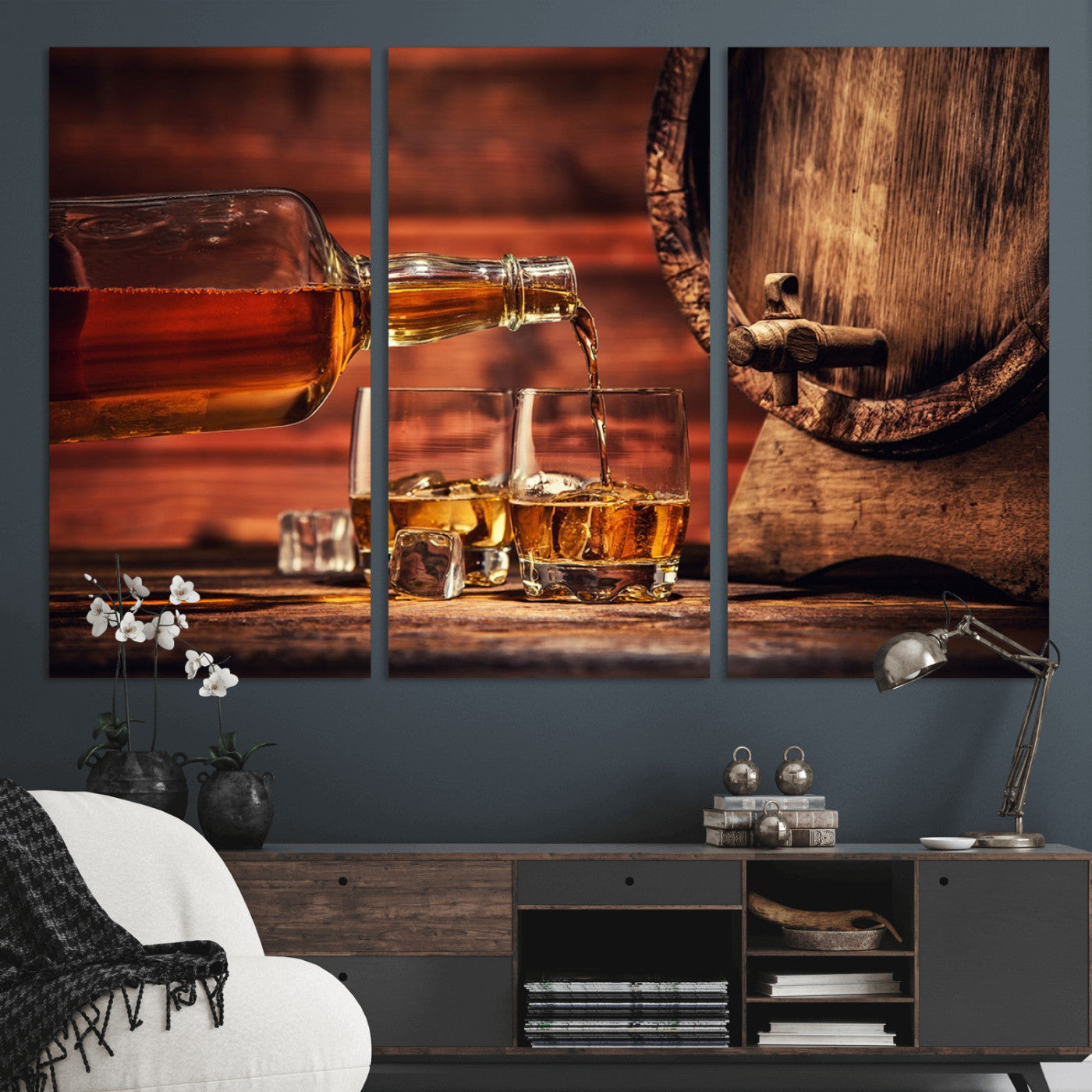 MGV-CV-48X32-3P - Whiskey and Cigar Canvas Wall Art | 3 Panel Bar Room Decor for Home Lounge, Office, or Man Cave |