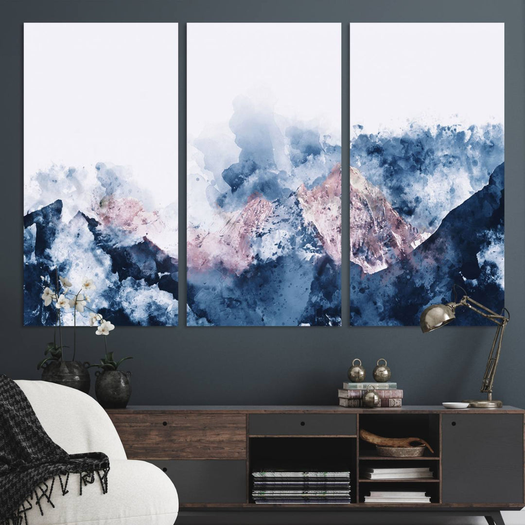 A modern kitchen showcases an Abstract Watercolor Mountain Landscape Art Canvas Print.