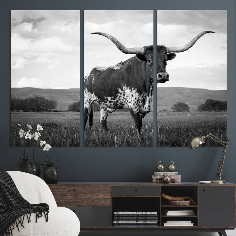 A Black and White Longhorn Texas Cow Canvas Wall Art.