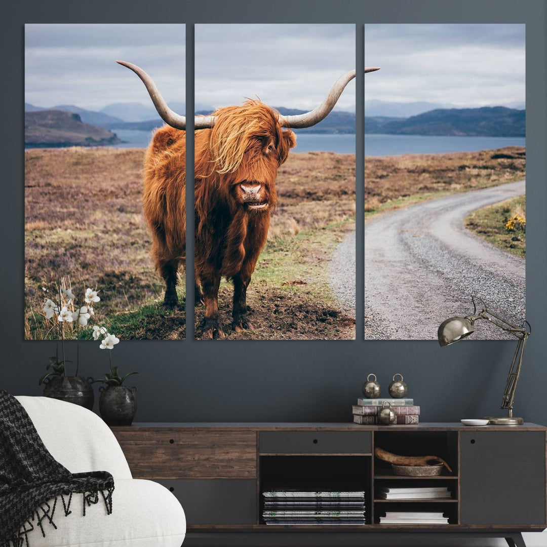 The Longhorn Highland Cow Canvas Wall Art is prominently displayed.