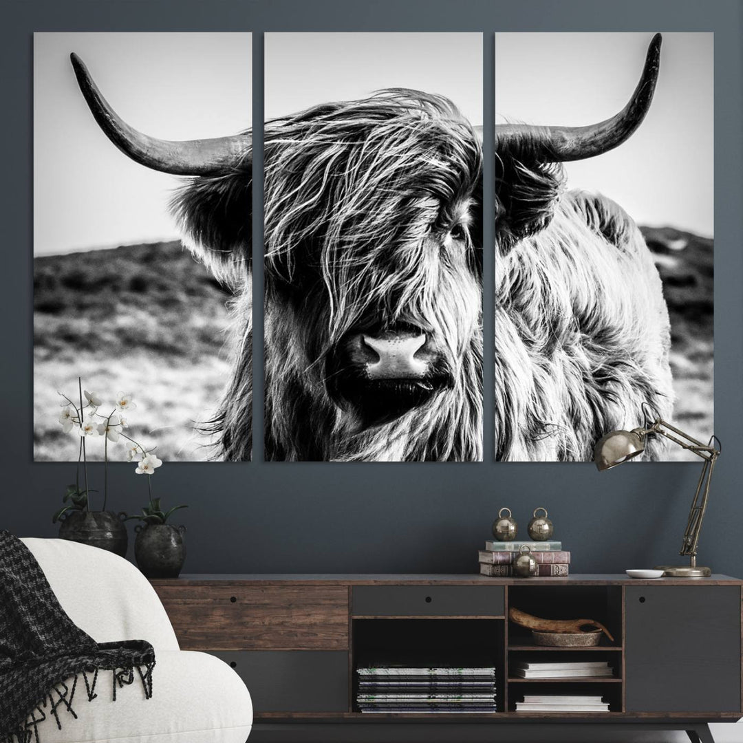 A Black and White Scottish Cow Canvas Print adorns the kitchen wall, perfect for farmhouse decor.