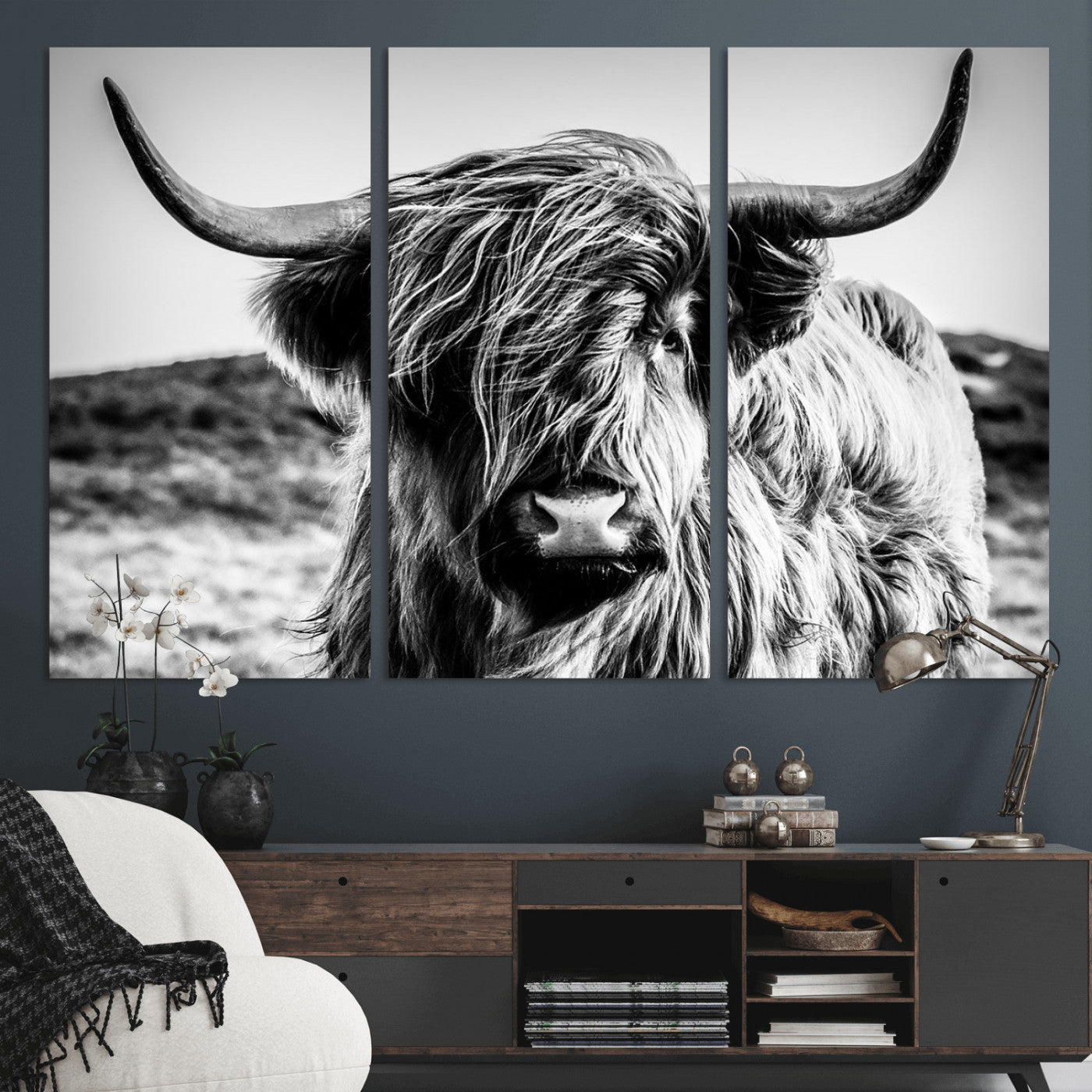54309-MGV-CV-36X24 - Black and White Scottish Cow Canvas Wall Art Highland Cattle Canvas Print Framed Ready to Hang Original Cotton Canvas High Quality Image Multi Panel Wall Art Printable Artwork for Walls