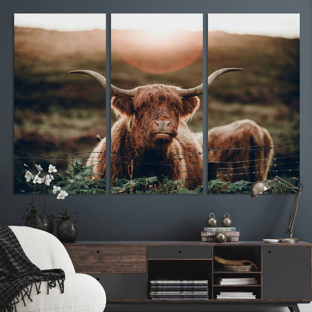 A Highland Cow Animal Canvas Wall Art, featuring a grassy field, is displayed on the wall.