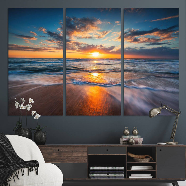 A museum-quality Beautiful Sunset over the Horizon canvas adorns the living room wall.