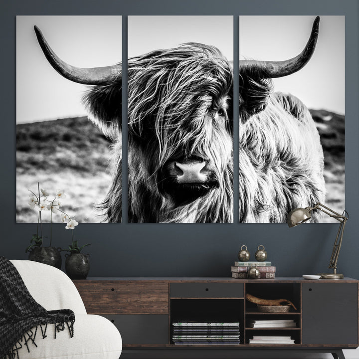 Highland Cow Wall Art | 3-Panel Black and White Highland Cow Canvas Print for Western Farmhouse Decor