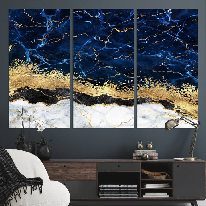 Navy Blue Marble Fluid Effect Canvas Wall Art, featuring a gold and white abstract design, adds a finishing touch to your modern kitchen decor.