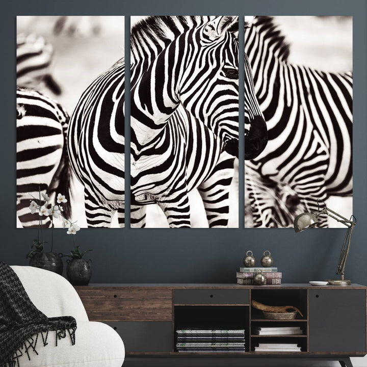 The Brilliant Zebra Photography Art Canvas Print hangs prominently on the wall.