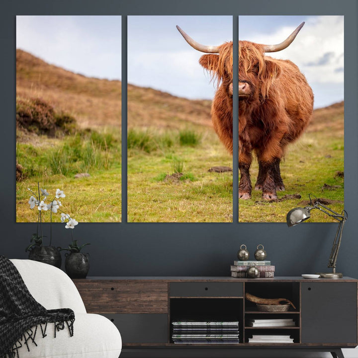 A Highland Cow Animal Canvas Wall Art hangs on the wall, adding warmth to the room.