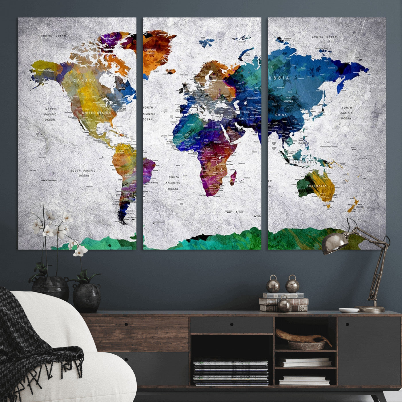 MGV-CV-48X32-3P - Push Pin World Map Canvas Print – Framed Wall Art for Couples to Track Their Travels – Anniversary