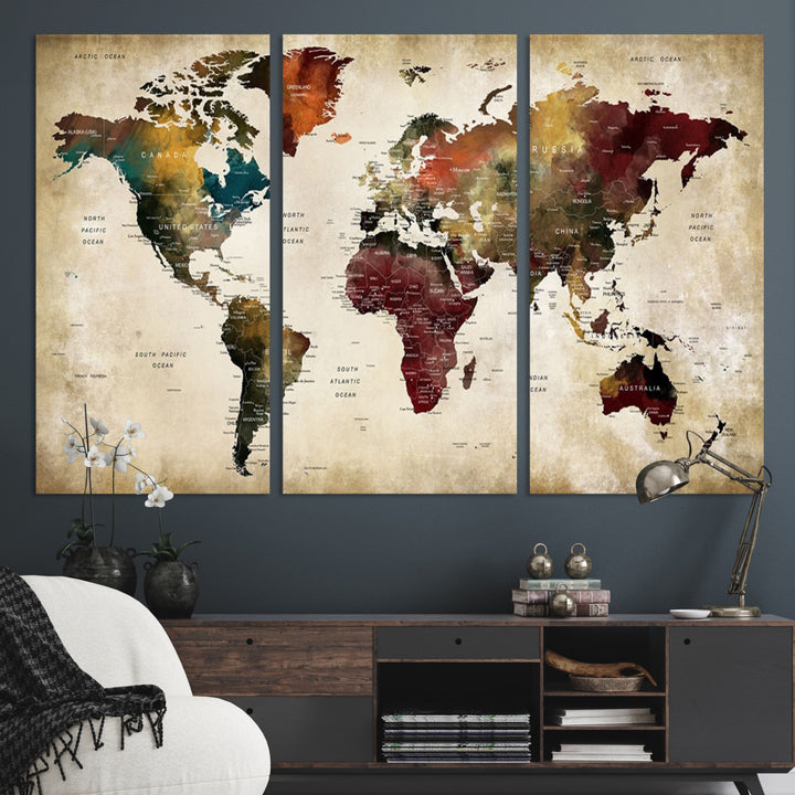 Large World Map Wall Art Canvas Print, Push Pin Map Print, Framed Abstract Traveller Map Art Print, Large Watercolor World Map Printing Perfect for Modern Decor