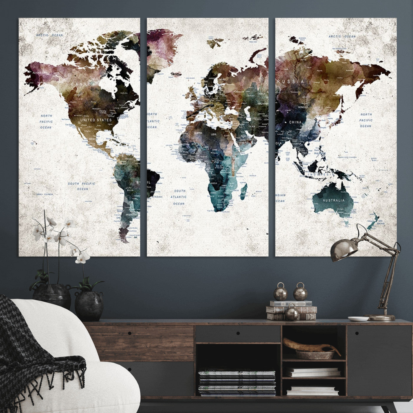 MGV-CV-48X32-3P - Push Pin World Map Canvas Print – Framed Wall Art for Couples to Track Their Travels – Anniversary
