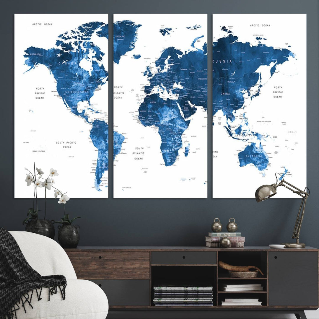 Navy Blue Wall Art World Map Canvas Print, an ideal piece for anyone seeking unique home or office decor.