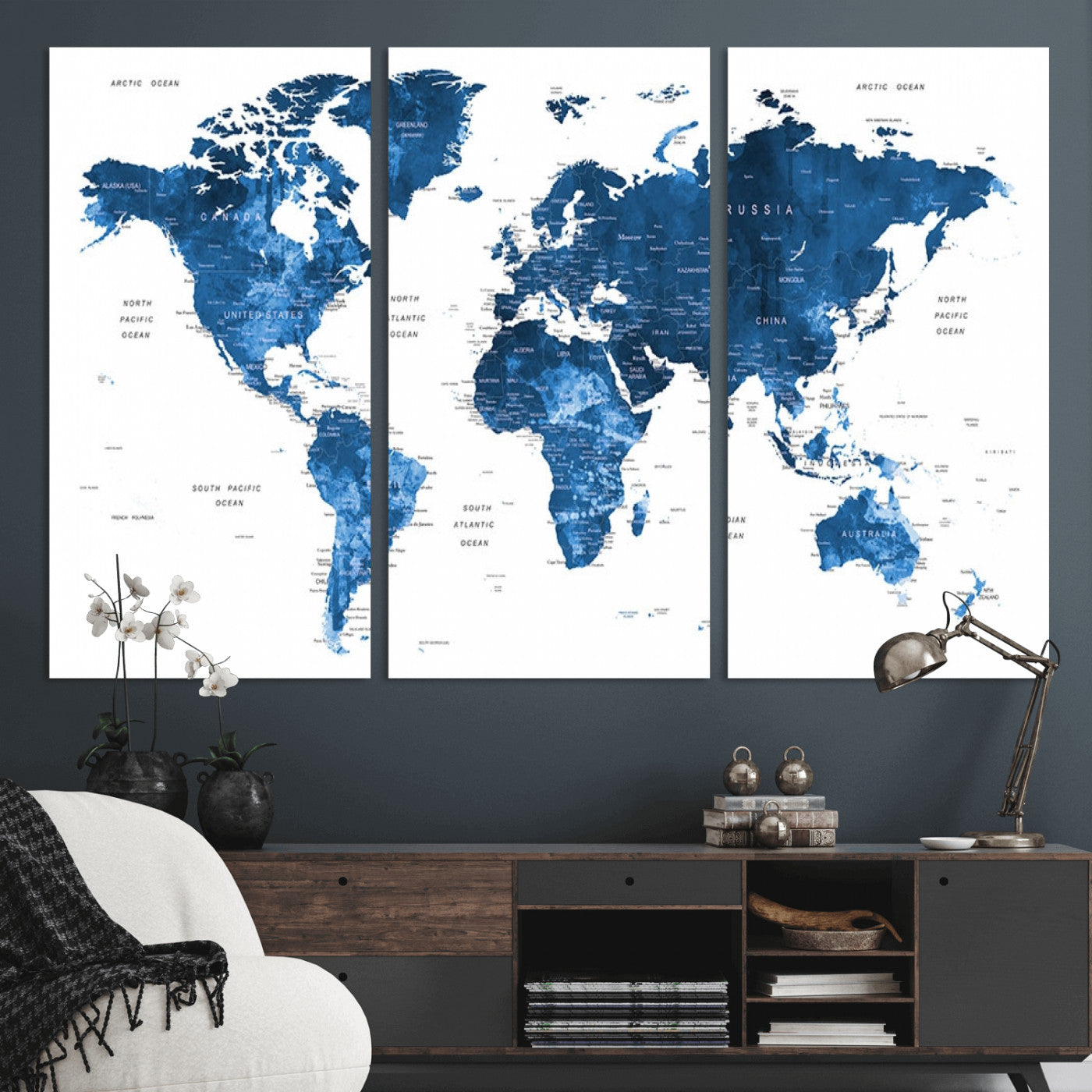 MGV-CV-48X32-3P - Push Pin World Map Canvas Print – Framed Wall Art for Couples to Track Their Travels – Anniversary