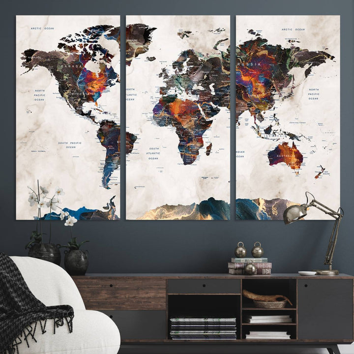 Watercolor World Map Canvas Print in earthy hues with a grunge background, ideal for wall decor.