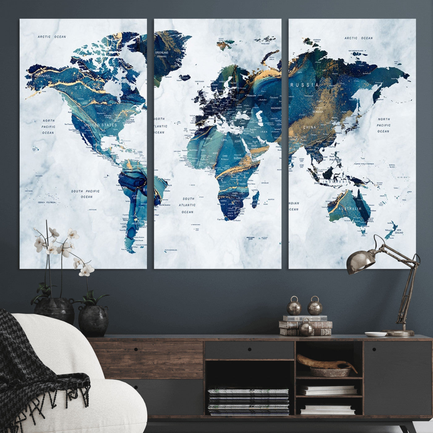 MGV-CV-48X32-3P - Push Pin World Map Canvas Print – Framed Wall Art for Couples to Track Their Travels – Anniversary