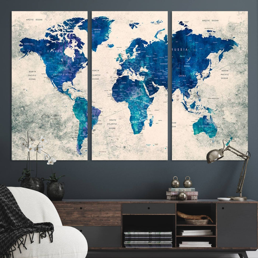 Navy Blue Push Pin World Map Canvas Print featuring a grunge-stained background, with labeled countries and oceans.