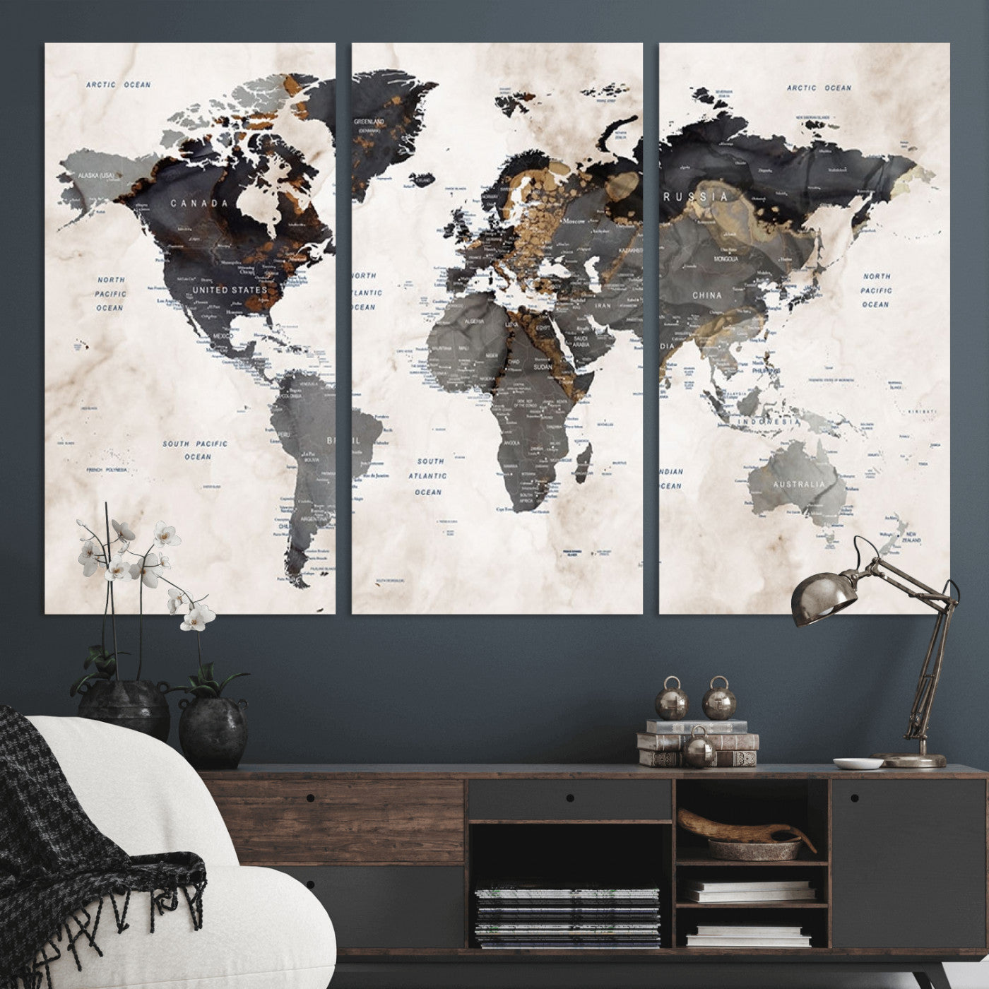 MGV-CV-48X32-3P - Push Pin World Map Canvas Print – Framed Wall Art for Couples to Track Their Travels – Anniversary