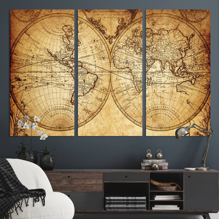 Vintage World Map Wall Art | 3-Panel Canvas Print for Living Room, Office, or Study | Giclee Canvas with Antique Design