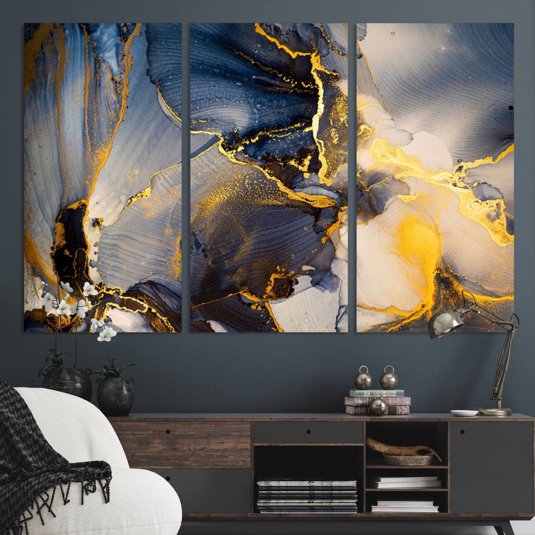 Large Abstract Wall Art Print - Gold and Blue Abstract Canvas Wall Art | Fluid Ink Modern Luxury Wall Decor for Living Room Decor