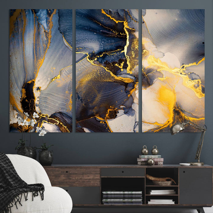 Large Abstract Wall Art Print - Gold and Blue Abstract Canvas Wall Art | Fluid Ink Modern Luxury Wall Decor for Living Room Decor
