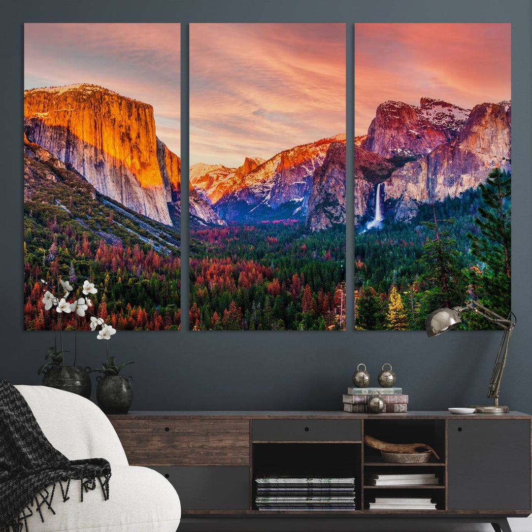 An El Capitan Yosemite Canvas showcasing a sunset over a mountain valley.