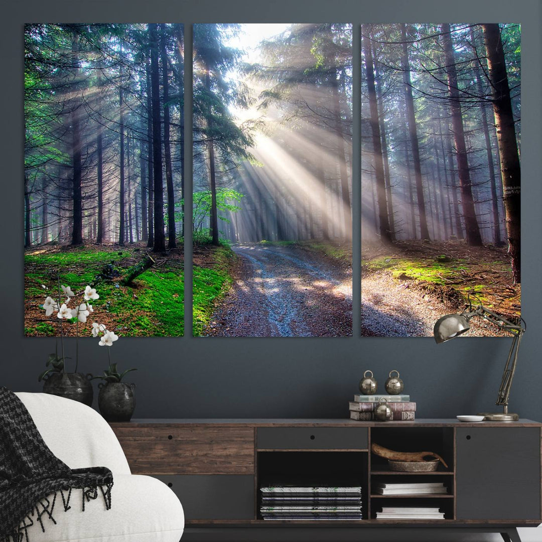 The dining area features a 3-panel Forest Path Canvas showcasing sun rays filtering through a misty forest.