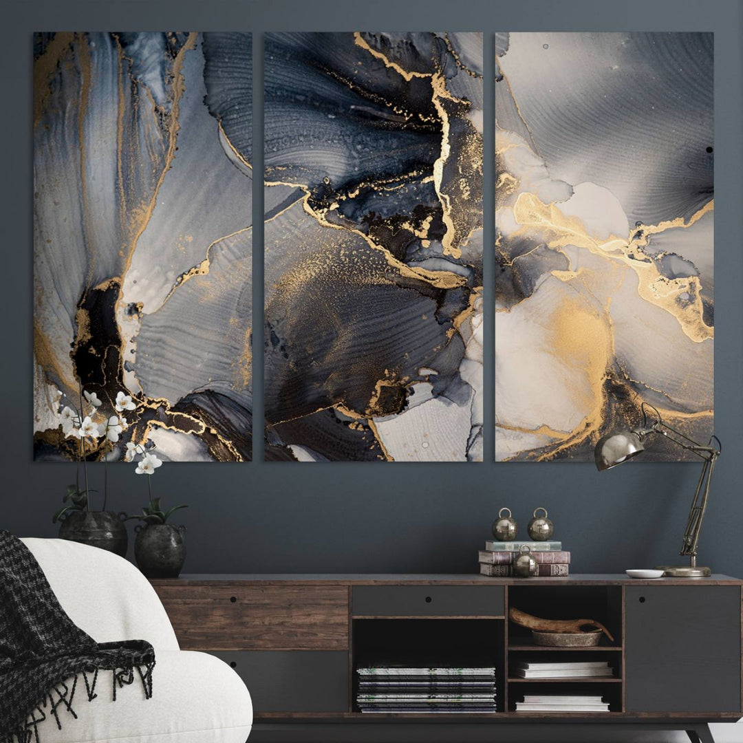 A Modern Marble Fluid Effect Abstract Wall Art with black, white, and gold swirls hangs in a modern kitchen.