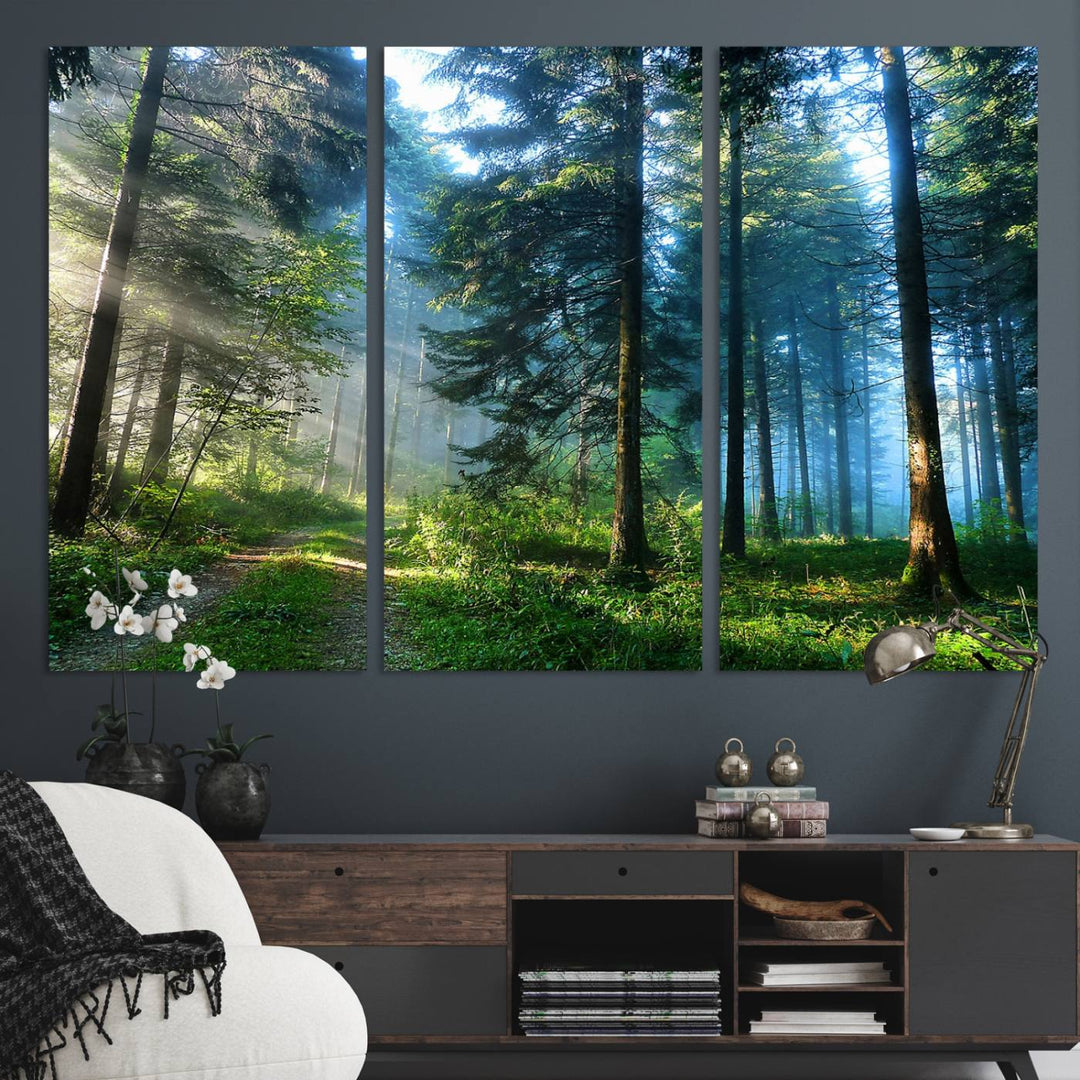 Enhancing the space is the Forest Sun Shine wall art canvas print, showcasing a serene forest scene.