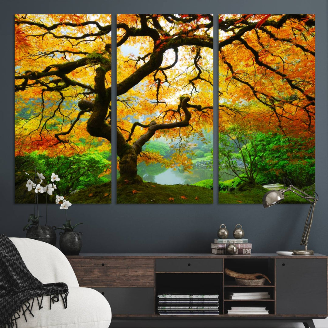 The Portland Japanese Maple Tree Canvas adds elegance to a modern living room.