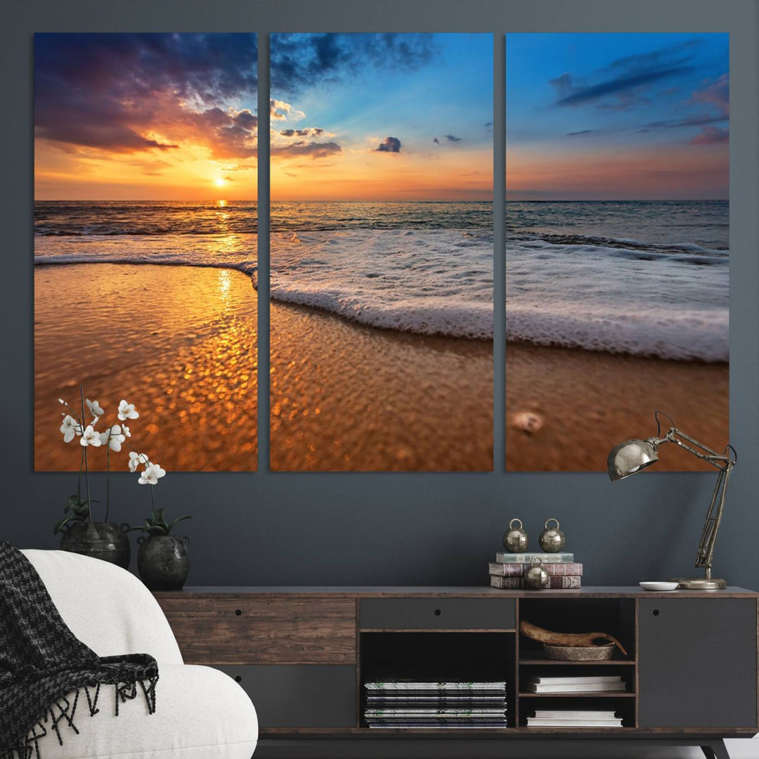 The Golden Sunset Beach Waves Triptych adds a modern coastal touch with its stunning seascape.