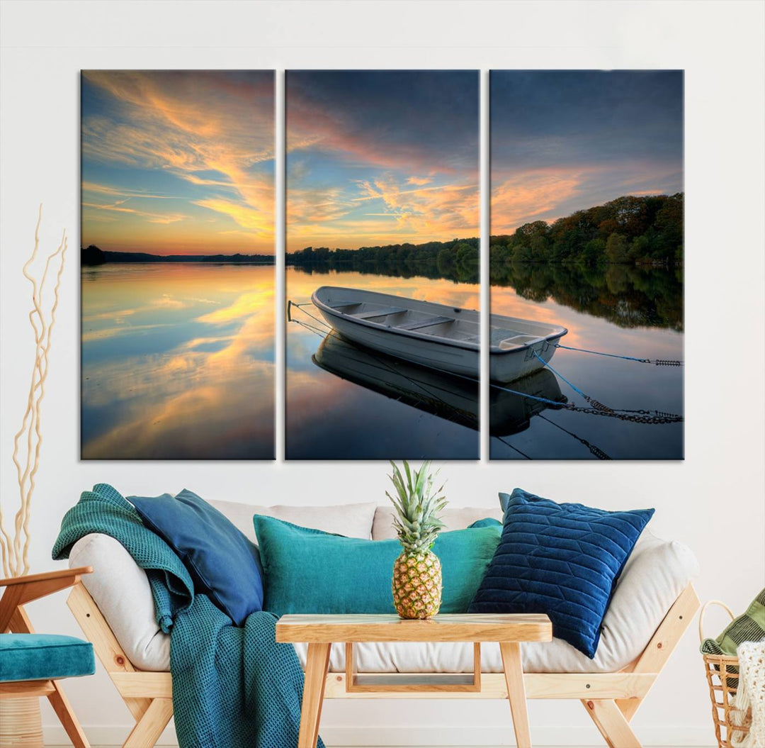 Serene Rowboat on Calm Lake Triptych Canvas Art, Giclee Wall Art of Peaceful Sunset Reflections, Tranquil Landscape Wall Art for Home or Office