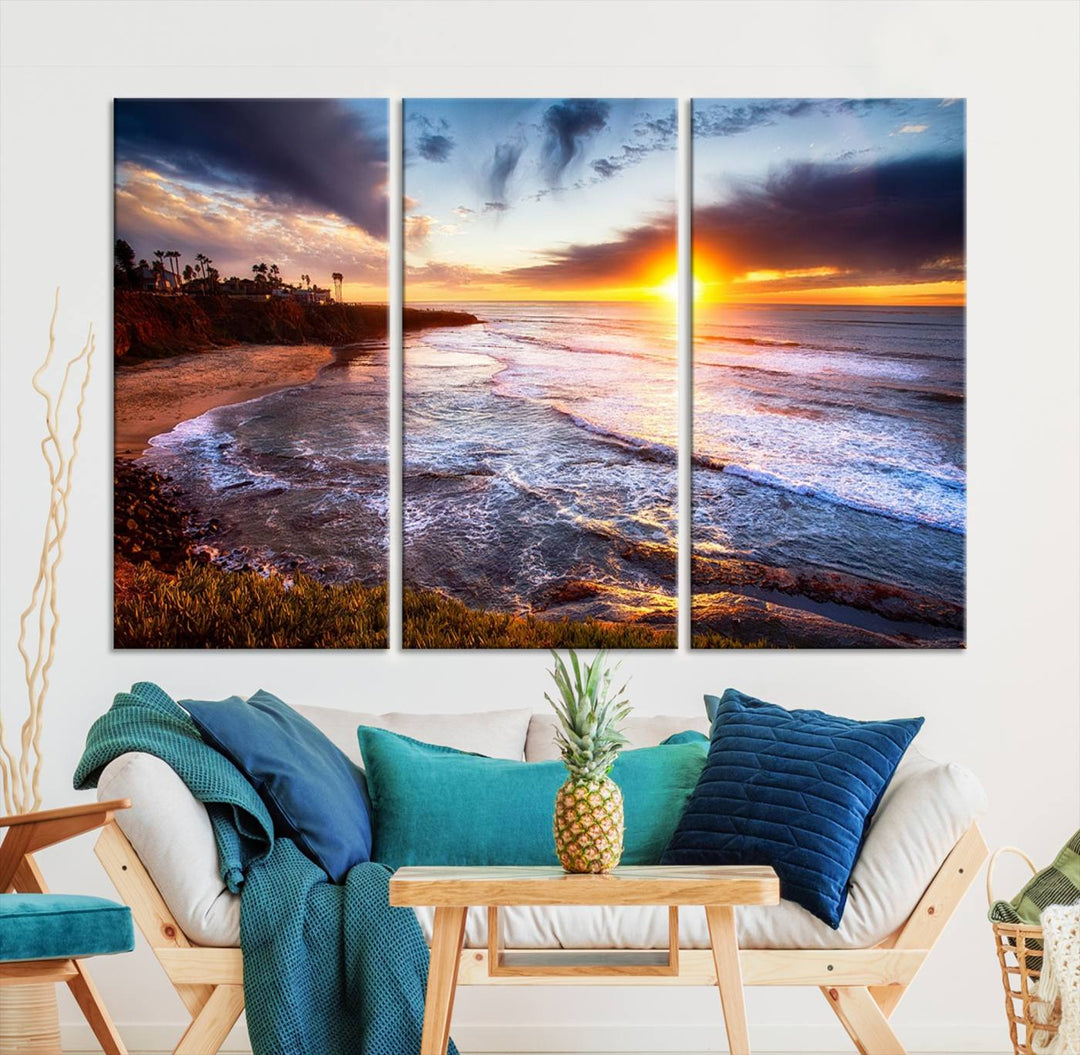 California Coastline Sunset Canvas Art, Ocean Waves Crashing on Cliffs, Giclee Canvas Print for Beach House Decor