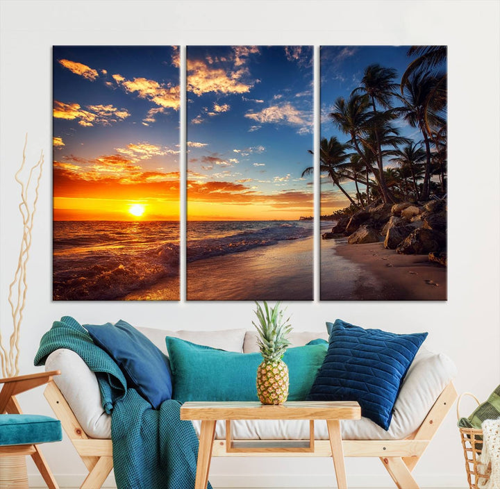 Tropical Beach Sunset Canvas Art, Palm Trees and Ocean Waves Wall Art, Giclee Print for Coastal Home Decor